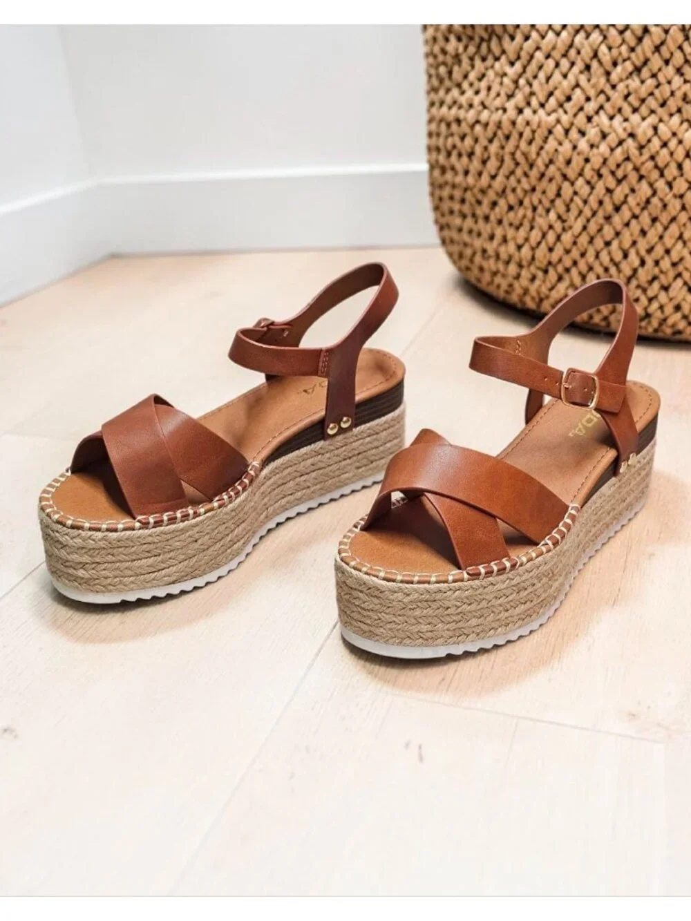 Tan Platform Espadrille Sandals With Buckle Strap Crisscross Upper & White Sole